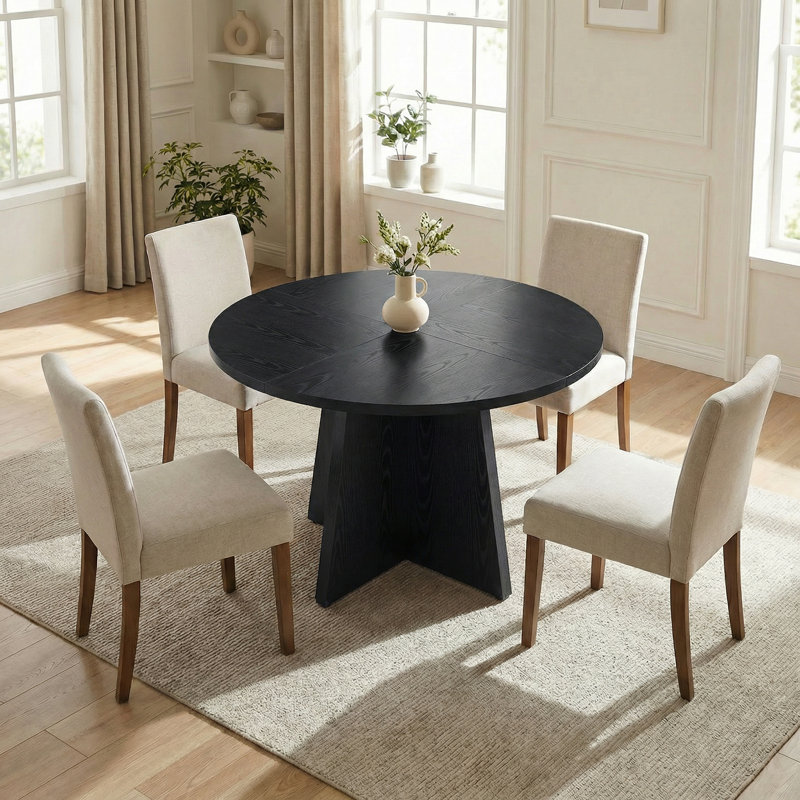 Round Dining Table for 4 Farmhouse Kitchen Table, Black