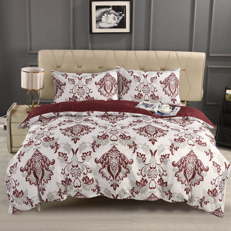 Complete Bedding Set Bliss Burgundy Floral Duvet Cover, Matching Fitted Sheet & Pillowcases