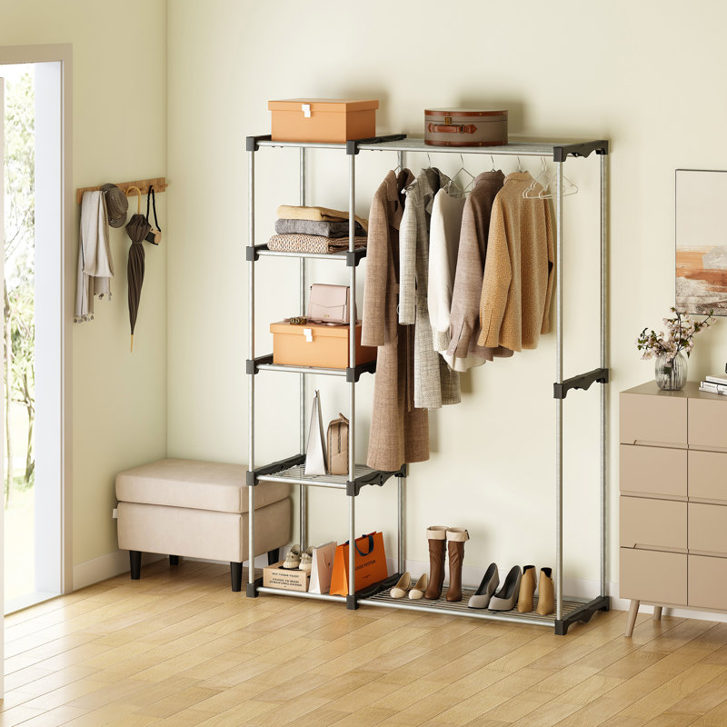 Portable Closet Organizer for Hanging Clothes,Freestanding Garment Rack with Shelves, Large Metal Wardrobe Closet Organizers for Clothing Storage,Grey(46.5W'' x 19.2D'' x 68.1H'')