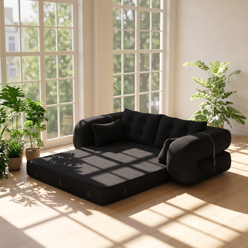 Dormir 78.7" W x 43.3" D x 23" H 4-Pillow Teddy Fabric Convertible Sofa Bed, Black Boucle
