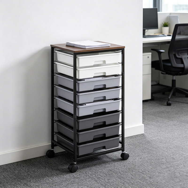Chariot de rangement roulant avec tiroirs et plateau de table en bois, armoire de rangement de bureau, Gray/Black