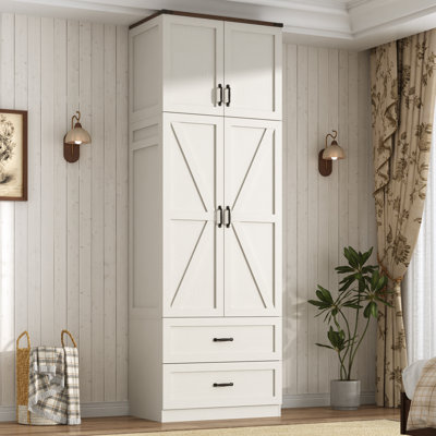 94"H Tall 2 Doors Armoire Wardrobe Closet with Sensor LED Light, 2 Drawers & Barn Doors, Farmhouse Wooden Storage Cabinet with Top Cabinet, Extra Tall Clothing Organizer for Bedroom, White