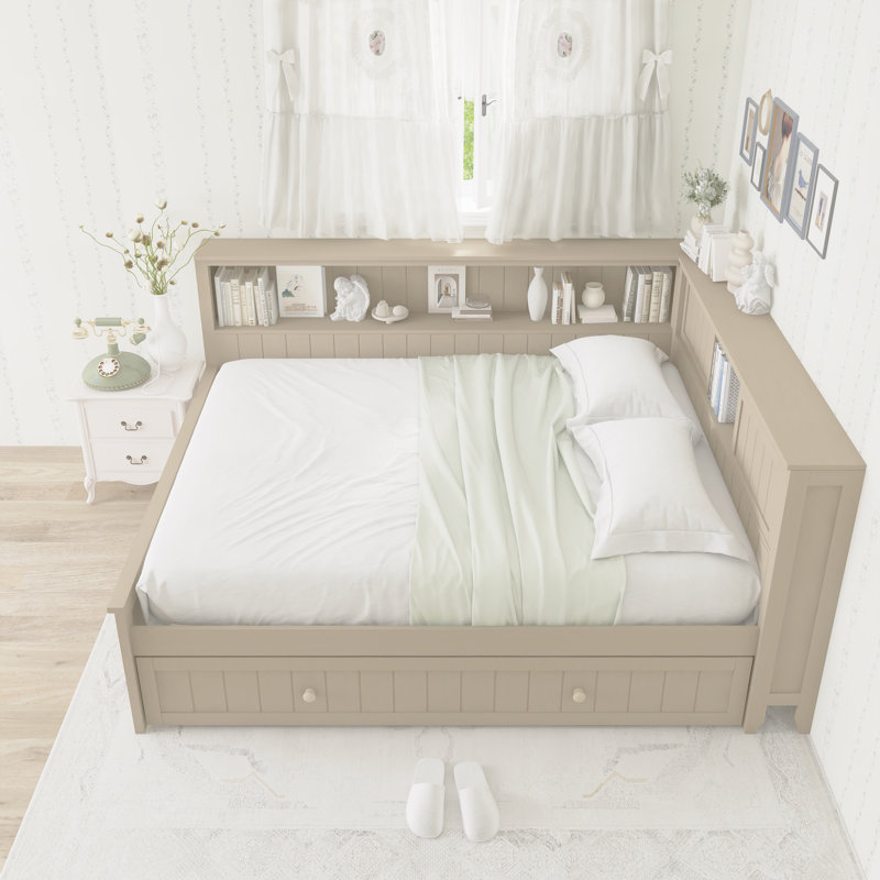 Lit de jour en bois avec tablettes de rangement, lit gigogne et 2 portes coulissantes