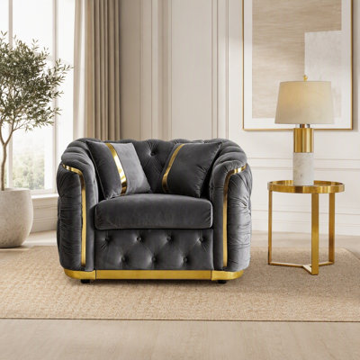 Canapé Chesterfield de 40,6 pouces de style Mid-Century moderne à 1 place, fauteuil en velours de luxe gris et doré pour fauteuil de salon avec décoration en acier inoxydable et 2 coussins gris anthracite