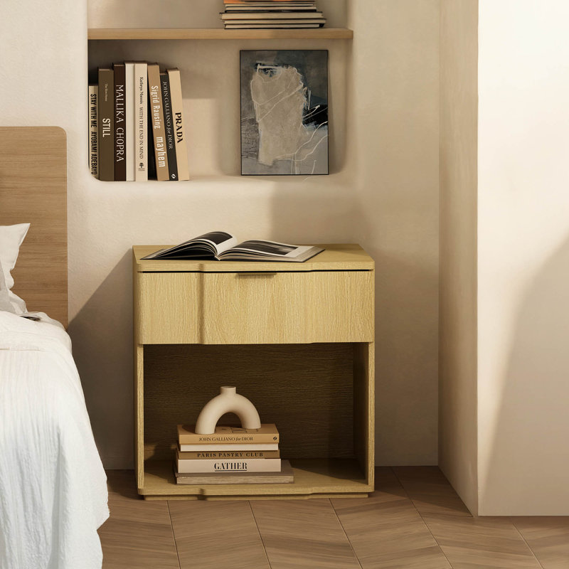 Clive 22" Mid-Century Modern 1-Drawer Nightstand in Natural Oak and Gold, Natural Oak and Gold