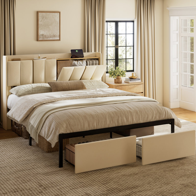 Upholstered Queen Bed with 2 Drawers and Open Storage Headboard，Platform Bed with Charging Station, No Spring Boxing Needed, Beige