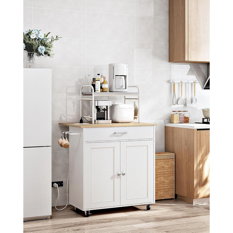 Chariot pour îlot de cuisine avec armoire double et tiroir, chariot de rangement roulant avec barre d'alimentation et abattant, pour la cuisine ou le salon, blanc et naturel