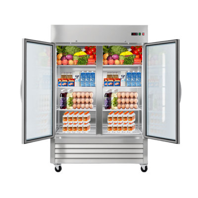 Commercial Refrigerator, 32.2 in Width Reach In Upright Refrigeration Double Glass Door, 43.2 Cu.ft Auto-Defrost Stainless Steel Refrigerator with 8 Adjustable Shelves, 32 to 50℉ Temp Range
