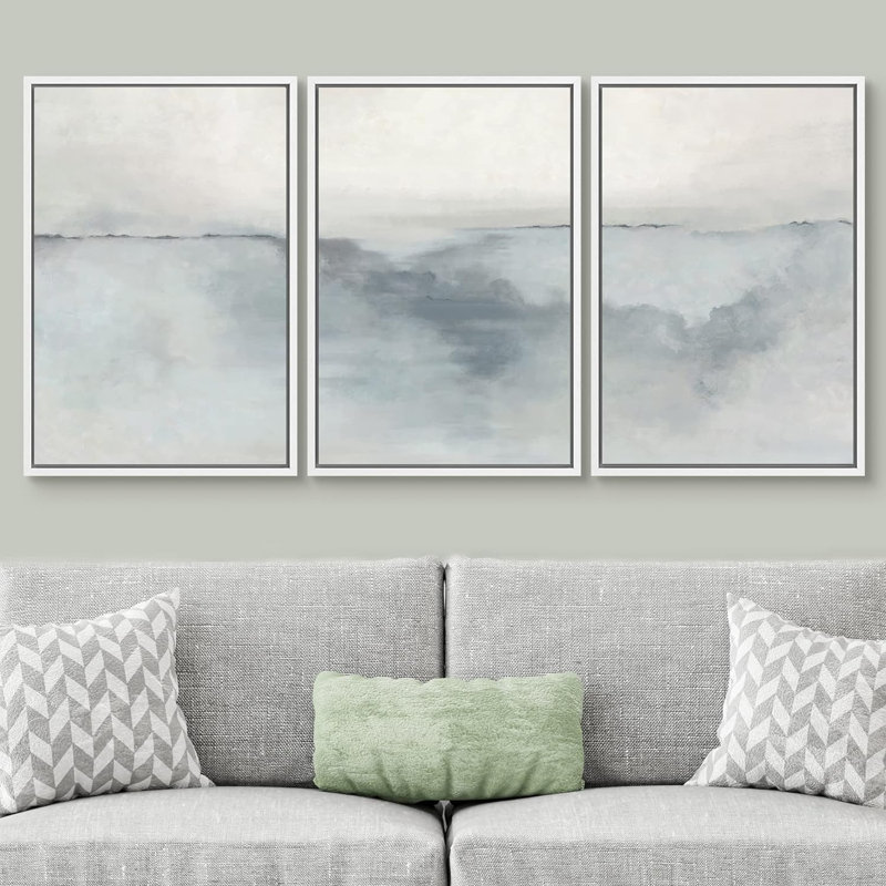 Minimal Landscape " IDEA4WALL Framed Canvas Print Wall Art Set Pastel Watercolor Gray Paint Stroke Landscape Abstract Shapes Illustrations Decorative Relax/Calm Zen For Living Room, Bedroom, Office " 3 - Pieces