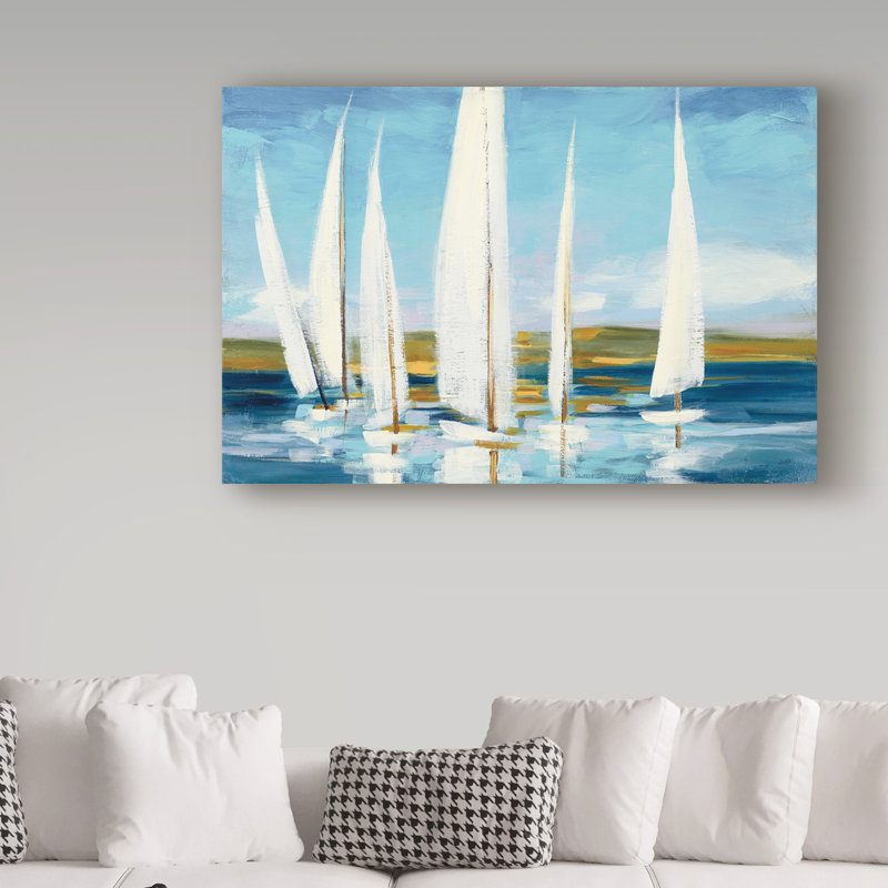 « voiles on horizon », reproduction de peinture à l’acrylique sur toile tendue, H 30 po x l 47 po x P 2 po
