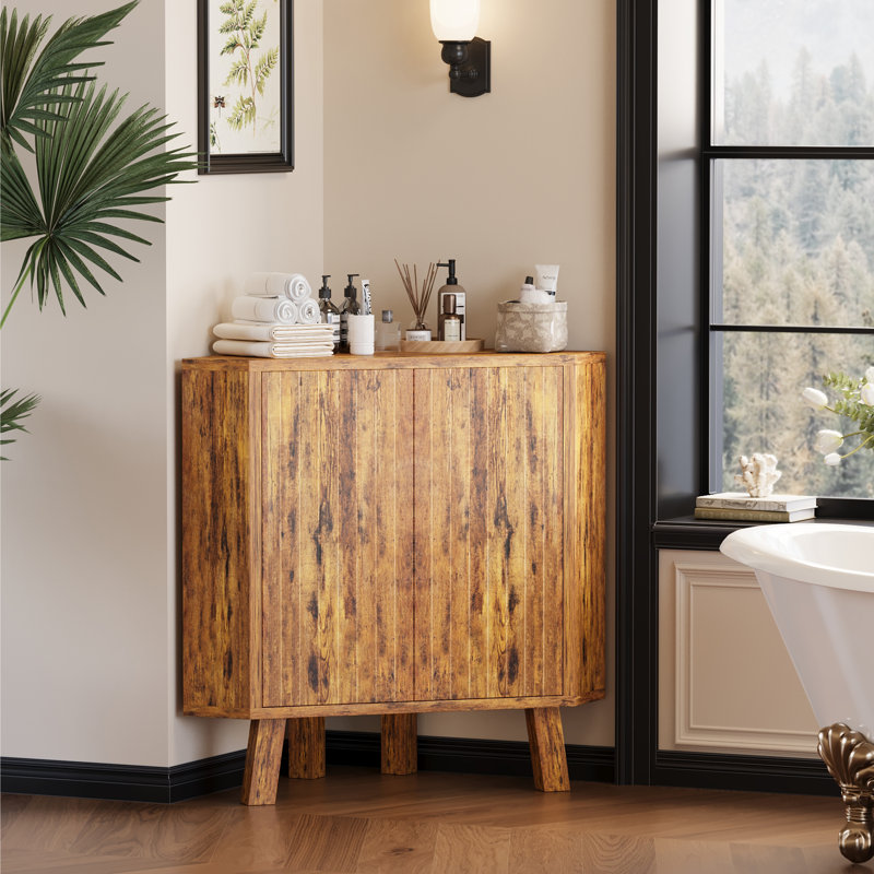 31.5'' Brown Space-Saving 3-Tier Corner Storage Cabinet Industrial Farmhouse Wooden End Table with Adjustable Shelf  Freestanding