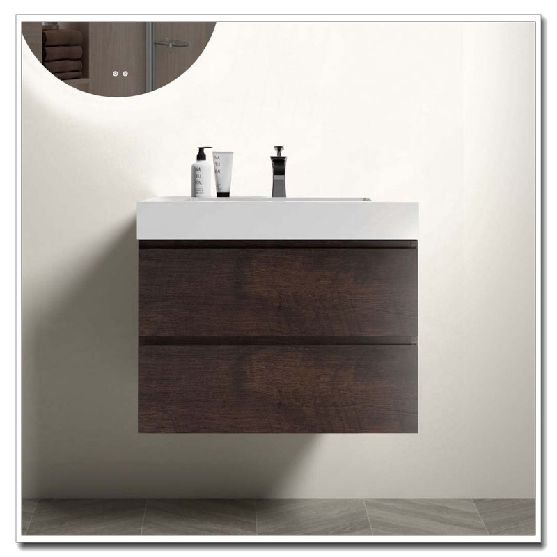 Meuble-lavabo mural flottant avec lavabo pré-assemblé sans poignée, Noyer, 30", Blanc