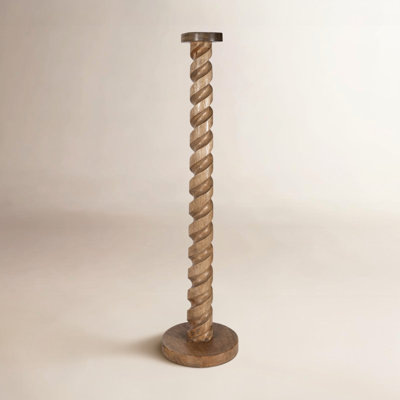 Wood Pillar Candle Holder Mango Wood with Carved Spiral Detail Round Base Rustic Decorative Accent Versatile Modern Design Handcrafted Single Piece for Stylish Contemporary Interiors.