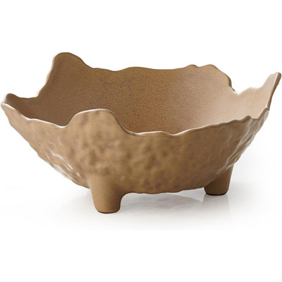 Bol à fruits pour comptoir de cuisine, bol décoratif en porcelaine pour décoration intérieure Bol à piédestal moderne avec grand centre de table à 3 pieds pour pains, noix, brun