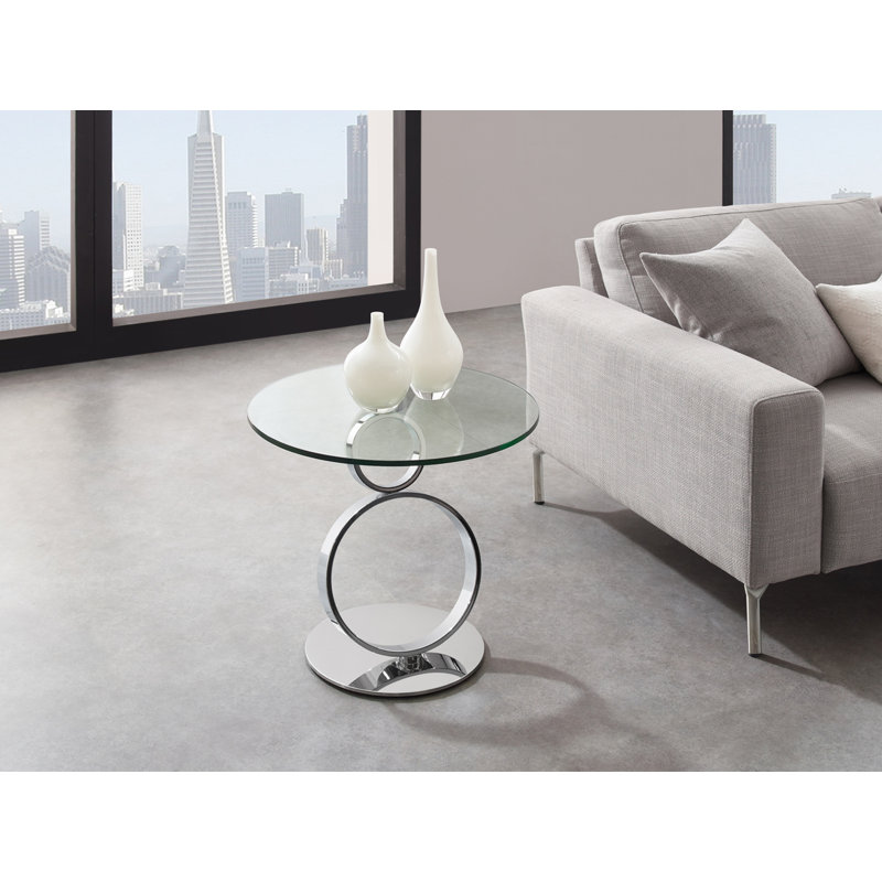 Modern Round Silver and Glass End Table