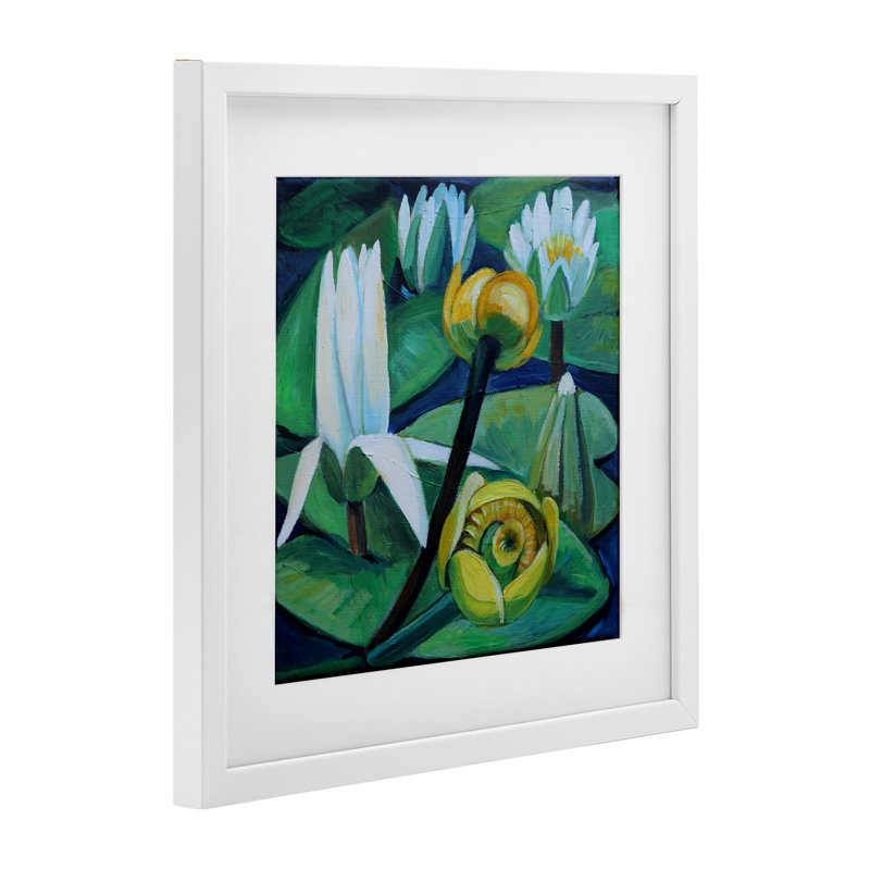 «Yellow & White Pond Lilies», reproduction sous verre encadrée, design par Violeta Vollmer, H 13 po x l 13 po