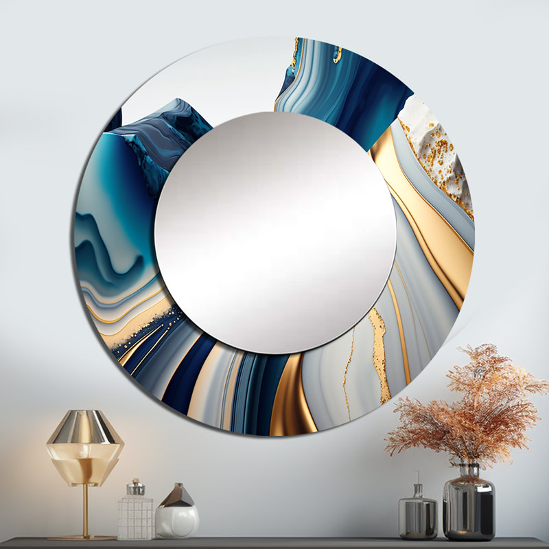 Pernia Abstract Geode Waves Blue And Gold I - Abstract Mirror, Modern Round Unique Wall Mirror, Printed Metal Art, 29" x 29"