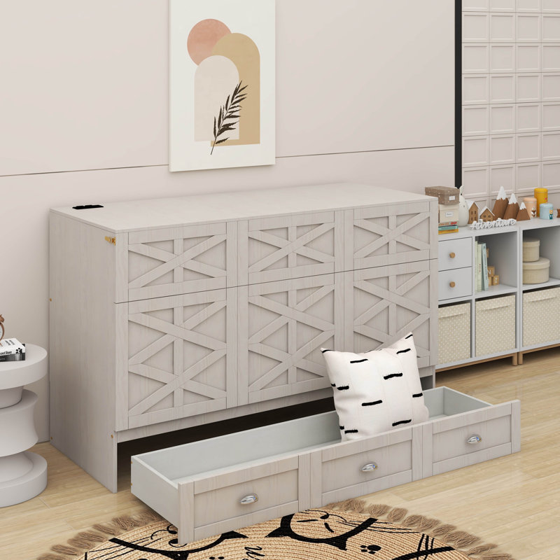 Lit escamotable avec tiroirs Murphy, Brushed White, Grand lit