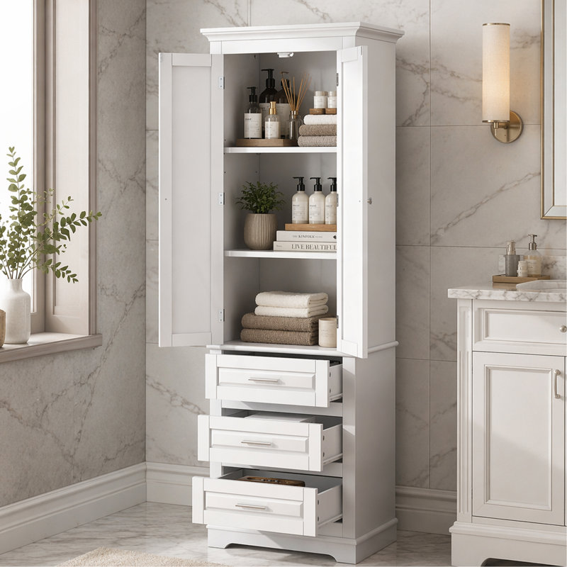 Grande armoire de rangement avec trois tiroirs pour la salle de bain / bureau, Blanc