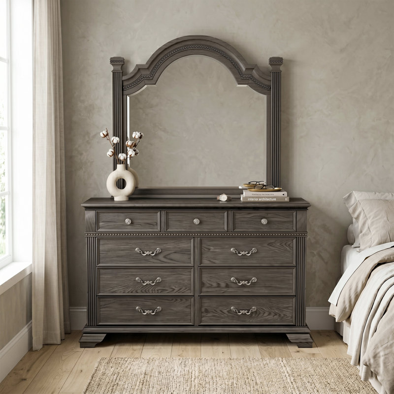 Adames Wood Dresser with Mirror Set, Gray