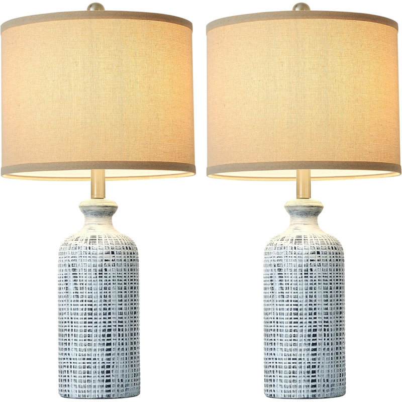 Set of 2 Blue and White Ceramic Table Lamps with Linen Shades