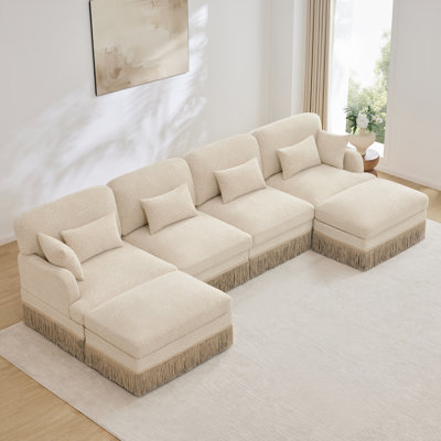 Canapé en forme de U de 131 po en chenille confortable à imprimé léopard, bord à pampille délicat, repose-pieds mobile, style moderne, dossier et siège ergonomiques, assemblage facile, siège profond pour le salon, café beige