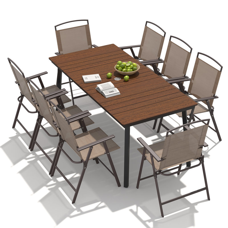  8 - Person Metal Patio Diining Set With Foldable Chairs And Umbrella Hole, Walnut, Brown