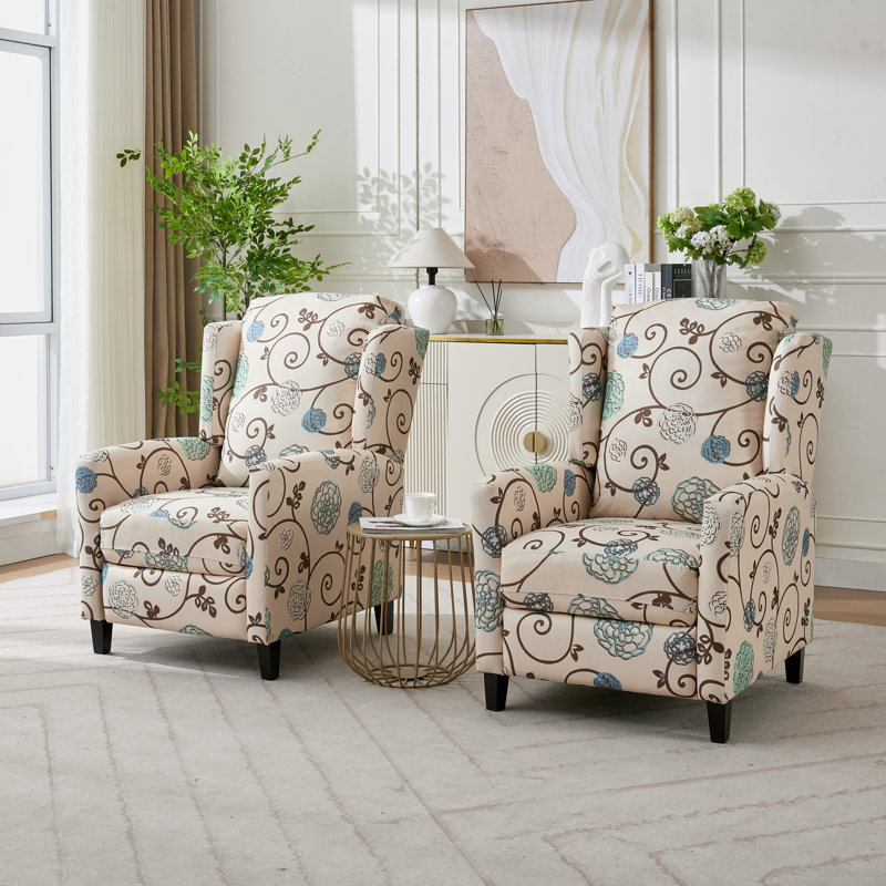 29.16" Wide Floral Print Upholstered Push Back Recliner With Classic Wing Back(Set of 2), Floral beige