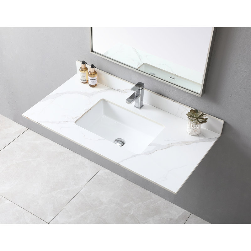 Dessus de meuble-lavabo élégant en pierre frittée 43 x 22 avec lavabo en céramique et trou de robinet attrayant