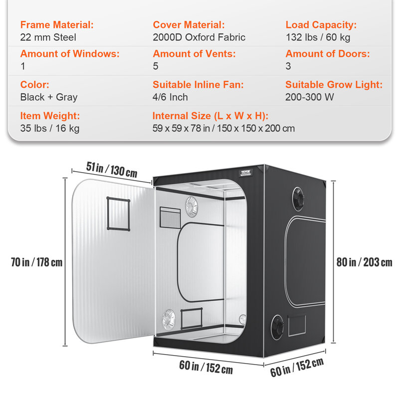 VEVOR 5x5 Black and Gray Steel Frame Hydroponic Grow Tent