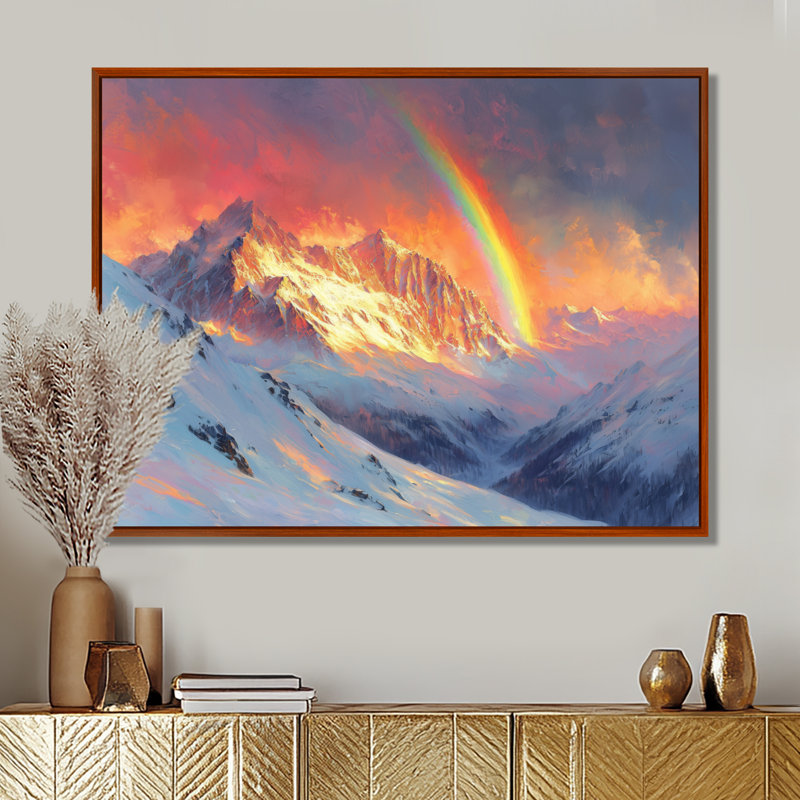 Rainbow Over The Snowy Peaks I - Rainbow Wall Art, H 16 po x l 32 po, Cadre flottant brun