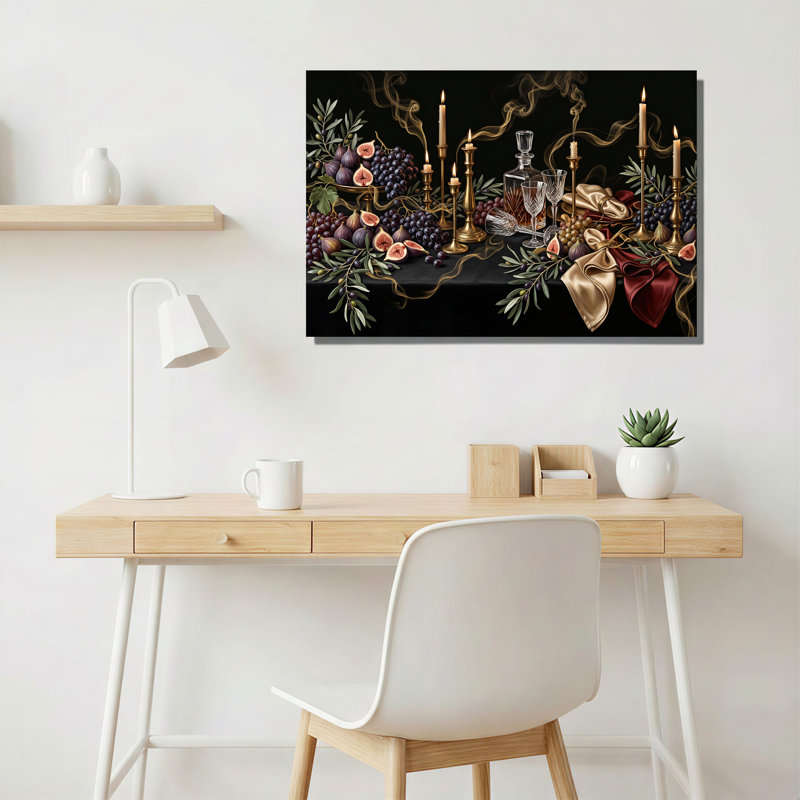 Art mural sur toile mauve, figues et raisins avec bougies allumées, H 28 po x l 40 po