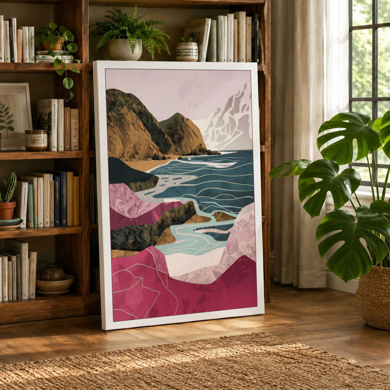 Cliffs Meet Sea Coastal - Wrapped Canvas, 36x24 - 91.4 x 61.0 cm, Teal Border