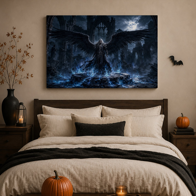 Ange aux ailes sombres dans des ruines gothiques avec toile murale bleue d'Halloween, H 12 po x l 18 po