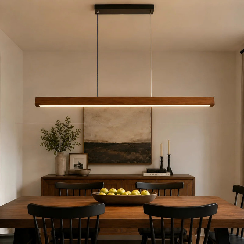 1-Light 50"W Solid Wood Dimmable LED Linear Kitchen Island Pendant With Remote