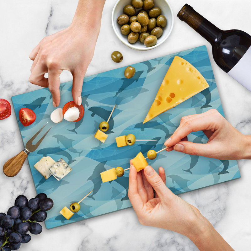 Ambesonne Dolphin Cutting Board Large Size Underwater Fish Pattern Blue and Grey