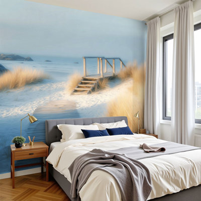 Peel and Stick Wallpaper Beachside Wooden Path Bridge Boardwalk Stair Graphic Wooden Boardwalk Wall Murals 100"H x 144"W Removable PVC Wall Paper Self-Adhesive Wall Decor for Bedroom Living Room Home Office