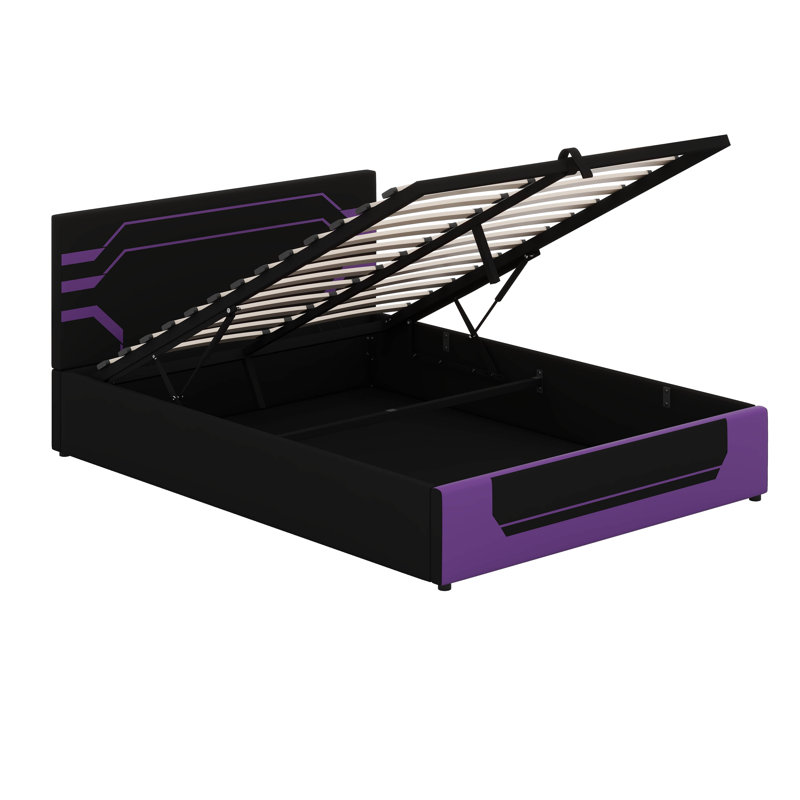 Structure de lit de jeu hydraulique moderne de grande taille avec design Esports et esthétique Cyberpunk, Black/Purple