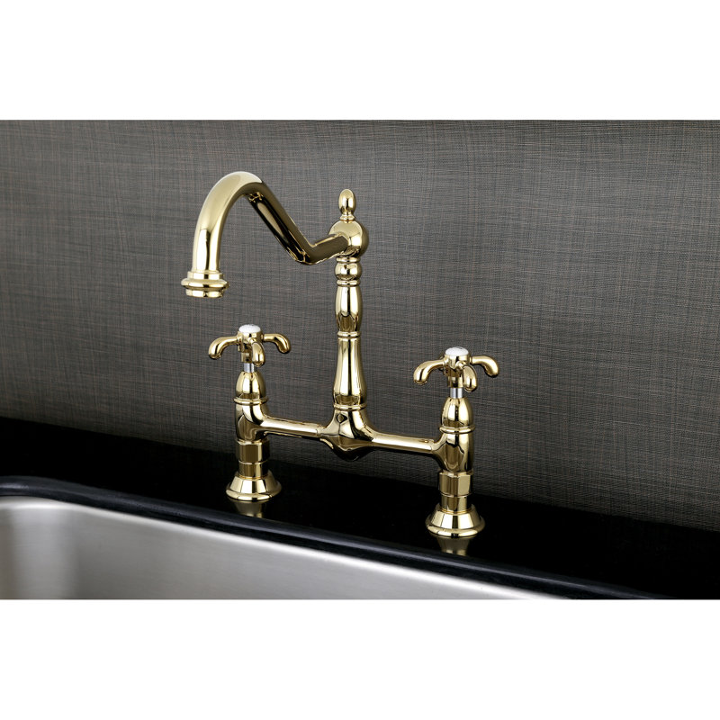 Kingston Brass French Country Two-Handle Deck Mount Bridge Kitchen Faucet, Polished Brass, Without Side Spray