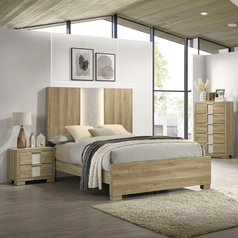 Lit à panneau 1pc contemporain avec éclairage intégré bois flotté, Grand