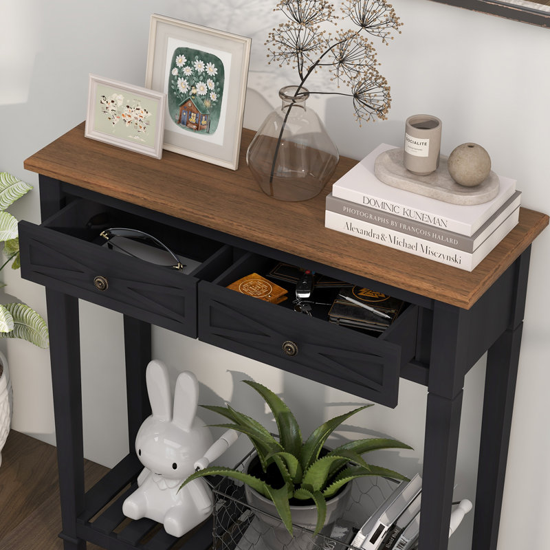 Table de hall d'entrée avec rangement - Console étroite avec 2 tiroirs et tablette, canapé de style campagnard, consoles en bois pour le hall d'entrée, salon, couloir, noir