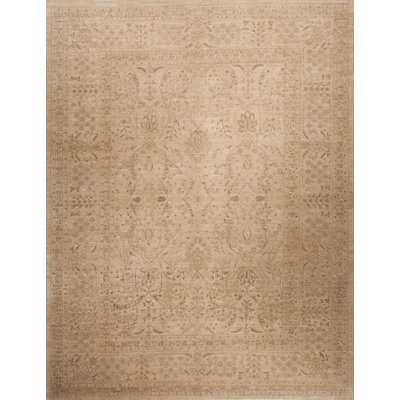 Tapis beige en laine nouée `a la main de conception unique 9 pi x 12 pi
