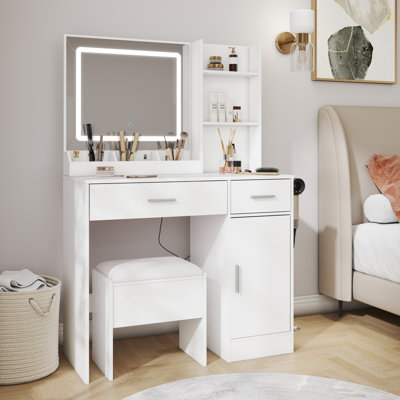 Lavin Makeup Vanity Set, Vanity Desk with Stool, Led Light Mirror And Charging Station