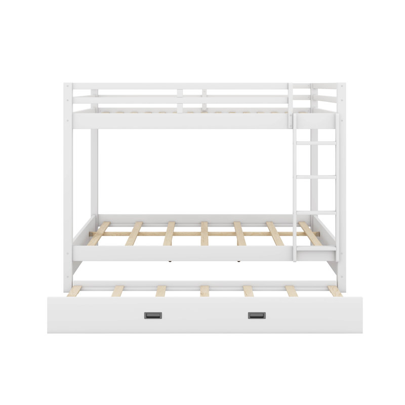 Wood Queen Size Bunk Bed With Ladder And Trundle, White