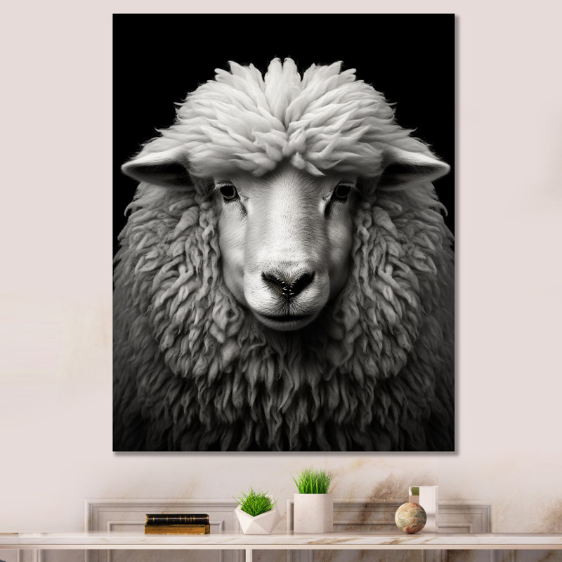 Gris, mouton blanc, noir et blanc - animaux, reproduction sur toile, H 44 po x l 34 po x P 1,5 po, Toile tendue