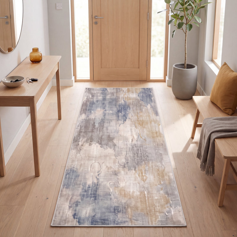 Tapis Cove moderne à poils courts, style aquarelle abstraite, bleu, gris, or, crème, ivoire, lavable à la machine, antidérapant, pour l'intérieur et l'extérieur, adapté aux animaux domestiques, idéal pour le salon, la chambre, la salle à manger, l'entrée, le couloir ou le bureau.