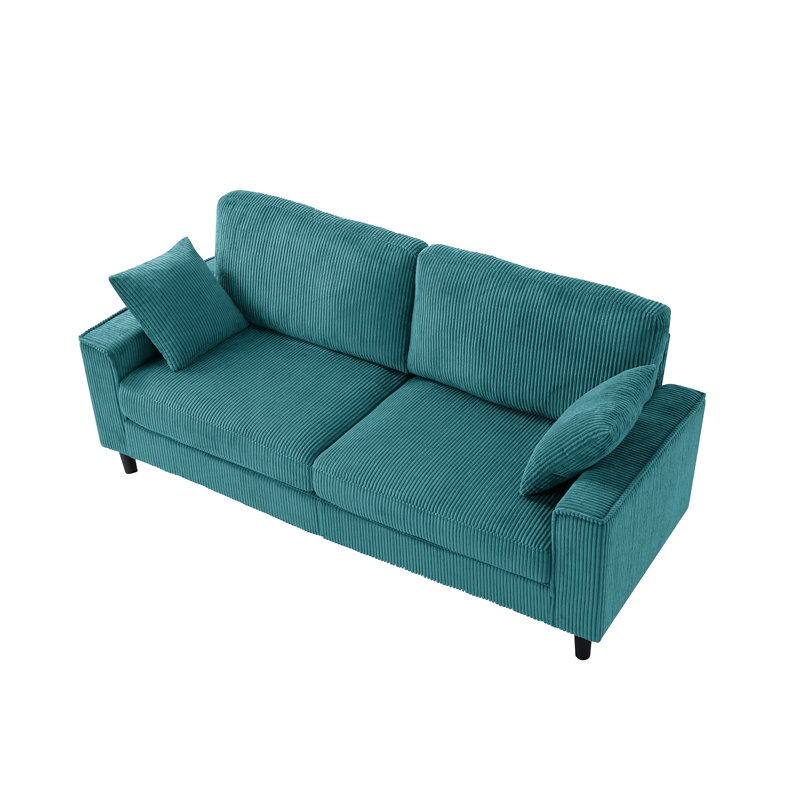 Canapé 82 po en velours côtelé 82 po avec 2 coussins, Bleu paon