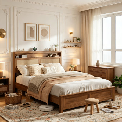 Rattan Platform Bed Frame with Storage Headboard and Footboard, Farmhouse Low Bed Frame with USB Charging Station and LED Night Light, Queen Size, Brown