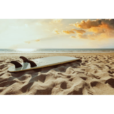 Surfboard On Beach Background At Sunset. - Wrapped Canvas Print
