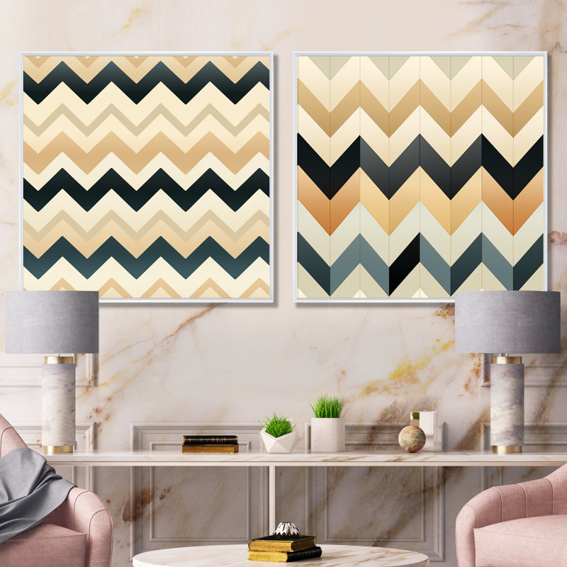 Ivoire Boho Accents Chevron II - Ensemble de 2 décorations murales formes abstraites, Cadre blanc, H 16 po x l 33 po x P 1 po